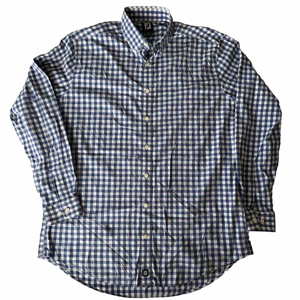 FootJoy FJ Gingham‎ Check L/S Button Down Shirt Stretch Blue/White Sz Large